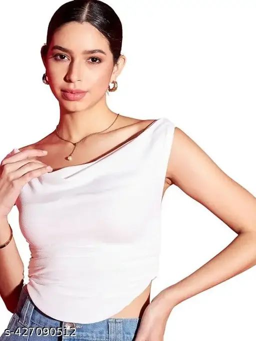 Istyle Can Womens's Printed Stretchable Draped Crop Top White