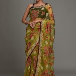 Parrot Green Printed Organza Designer Saree